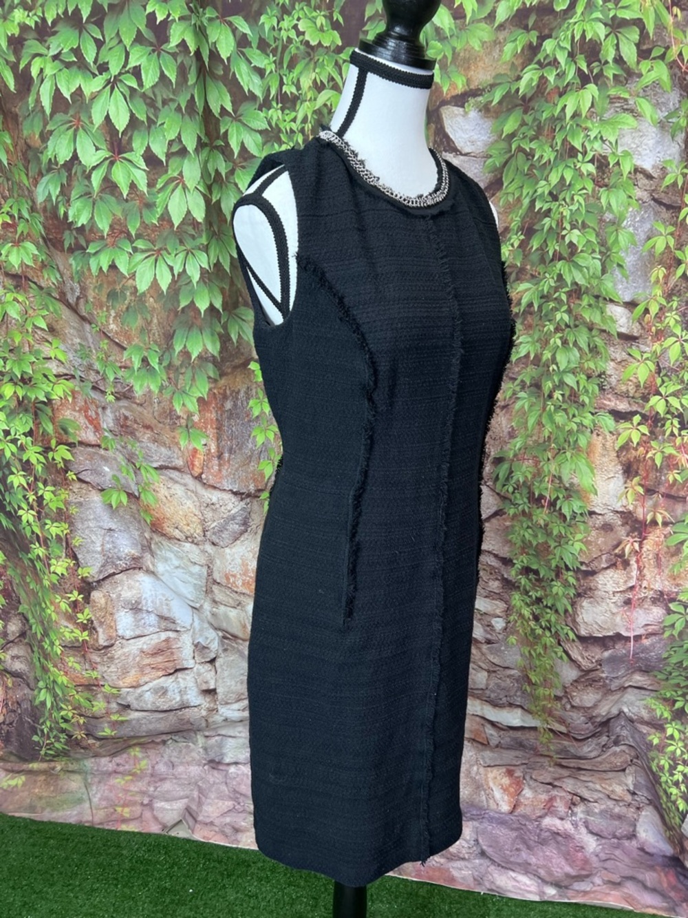 REBECCA TAYLOR Black Fringed Chain Mail Neckline Quiet Luxury Sheath Dress, 8 - Picture 9 of 11